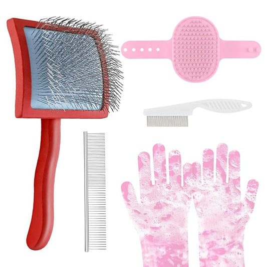 Slicker Brush for Dogs, Slicker Brush for Doodles Long Haired Dog, Goldendoodle Long Pin Detangler for Dematting, Dog Slicker Brushes for Grooming (Large Curved)(Red)