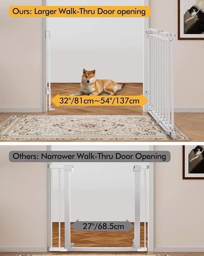 Extra Wide Baby Gate for Stairs Doorways & Kitchen, 32"-54" W x 29" H, No Bottom Bar Dog Gate, One-Handed Auto-Close, Hardware Mount Safety Gate for Dogs & Toddlers, White