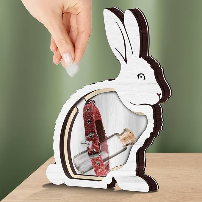 Personalized Rabbit Memorial Keepsake Unique Wooden Bunny Fur Box Collar Holder Sympathy Pet Loss Gift Memorial Storing Hair Ashes Standable Tabletop Decor Gift Idea for Pet Lover Family Friends