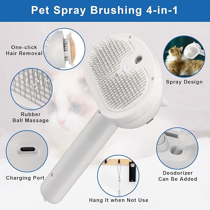 Pet Steam Brush for Shedding, 4 In 1 Brush for Long & Short Haired Cat&Dog, Self-Cleaning Hair Remover with Water Tank And LED Blue Light, Release Button(grey)