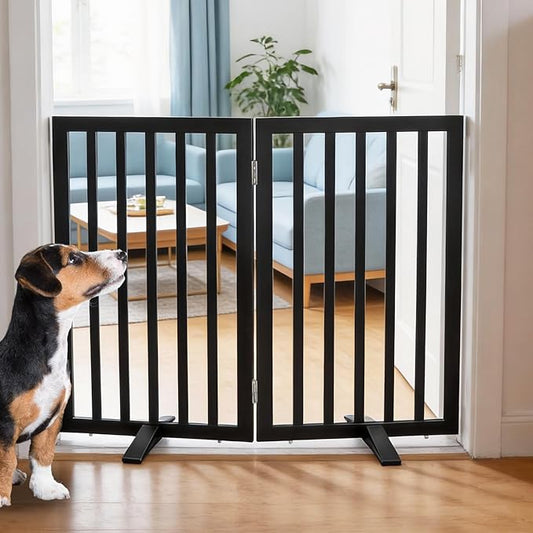 Dog Gate Indoor, Freestanding Dog Fence for The House, Doorways, Hallways,or Stairs,Pet Gate Foldable Wooden,Expandable 32" Height 2 Panels,Black