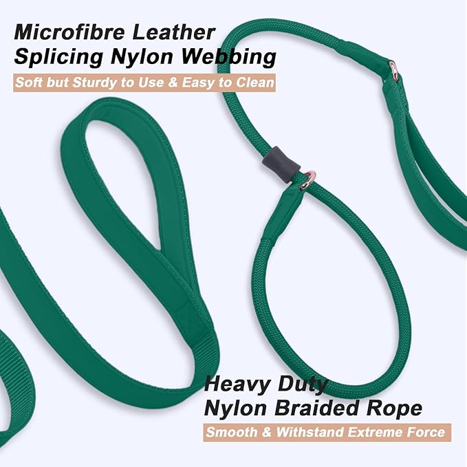 Slip Lead Dog Leash, Double Handle, Soft Leather, Heavy Duty Nylon, No Pull Walking, Medium Large Small Dogs, 6ft Dark Green