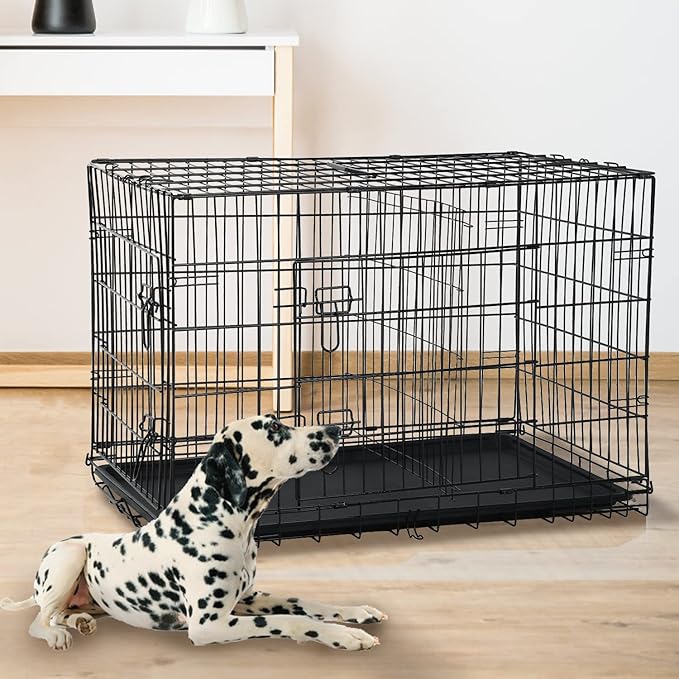 42 Inch Large Dog Crate Pet Cage Pet & Animal Kennel Dog Crate Furniture Metal Folding Two-Door Indoor Outdoor Strong Metal Dog Cage Divider and Handle Plastic Bottoms for Small/Medium Dogs…