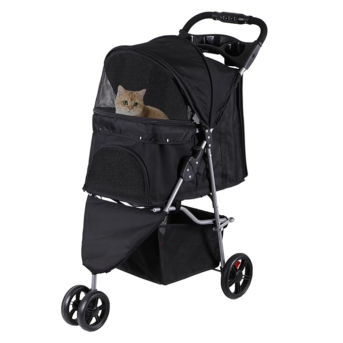 LEMY 3 Wheels Pet Dog Cat Stroller for Small Medium Dogs Cats,Black Foldable Jogger Travel Puppy with Detachable Carrier