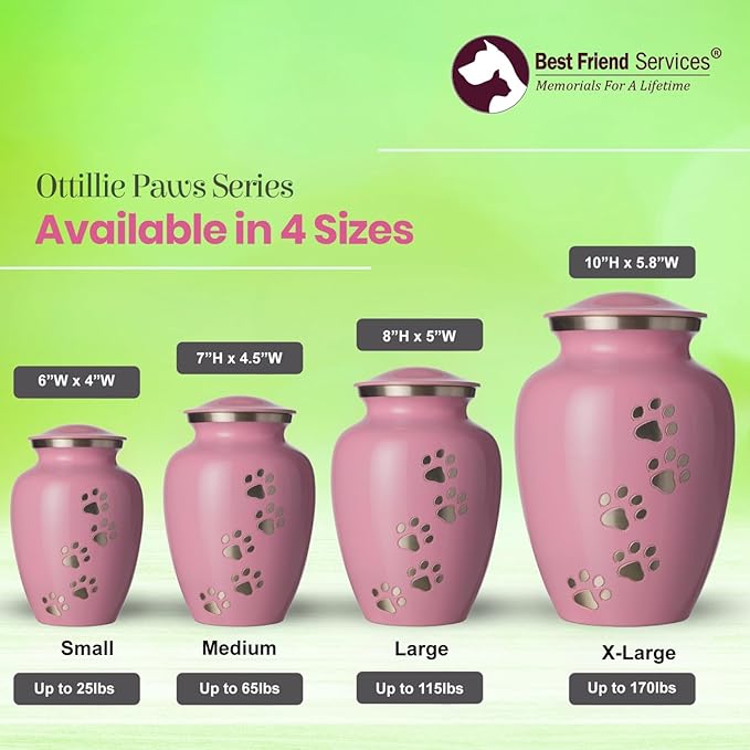 Ottillie Paws Legacy Series Pet Urn for Dogs, Handmade Aluminum Memorial Cremation Urn (Large - Pets up to 115 lbs, Ardent Pink, Vertical Pewter Paws)