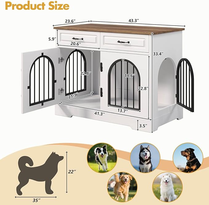 43.3" XL Dog Crate Furniture for Small and Medium Dog, Heavy Duty Indoor Dog Kennel with 2 Storage Drawers, Wooden Decorative Dog Cage with Side Doors, End Table Dog Crate, White