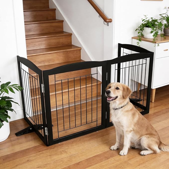 ZJSF Freestanding Dog Fence Indoor, Foldable Dog Gate for Doorways, Stairs or Hallways, Sturdy Wood Extra Wide Pet Gate with Support Feet for The House, Black, 24 "Height-3 Panels