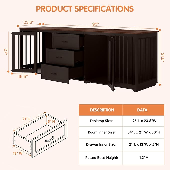 Dog Crate Furniture, Indoor Wooden Farmhouse Dog Kennel Furniture with 3 Drawers & 2 Lockable Doors, 95"x23.6"x32"H, Black
