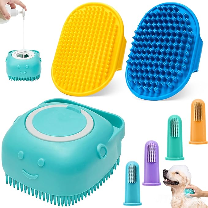 3PCS Dog Bath Brush Shampoo Brush Cat Scrubber Bath Cat Shower Brush Pet Bath Supplies, Suitable for Deshedding, Washing & Grooming for Short and Long Haired Pets (Blue Blue Yellow)