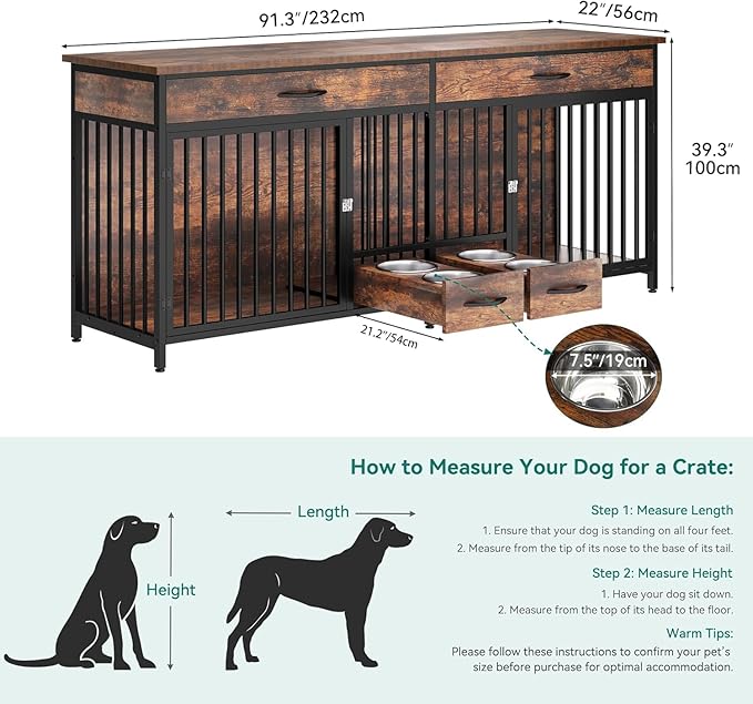 YITAHOME 91.3" Double Dog Crate Furniture with Dog Feeder, Heavy Duty Indoor Dog Kennel TV Stand with Drawers, Sturdy Dog Kennel with Divider for 2 Medium Large Dogs, Brown
