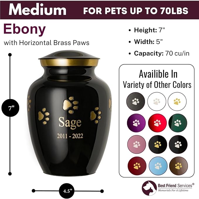 Ottillie Paws Premier Series Pet Urn for Dogs with Personalized Laser Engraving (Medium - Pets up to 65 lbs, Ebony with Horizontal Brass Paws)