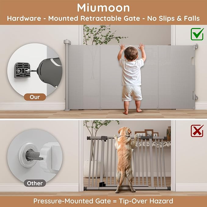 One-Hand Operation Retractable Baby Gates, 71 inch Retractable Gate with Reinforced Strip Design to Prevent Crawling Through, 6 FT Retractable Dog Gate for Stairs, Doorways, Hallways