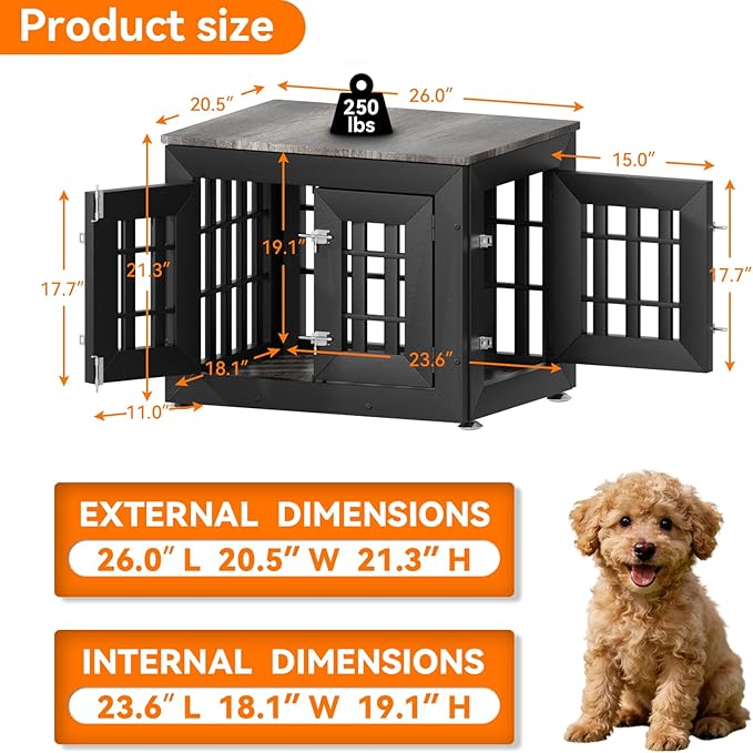 26" Heavy Duty Dog Crate Furniture for Small,Medium and Large Dogs,Rustic Wooden Dog Cage Kennel Indoor Furniture with Waterproof Top,Decorative Pet House Side End Table (Black & Grey)