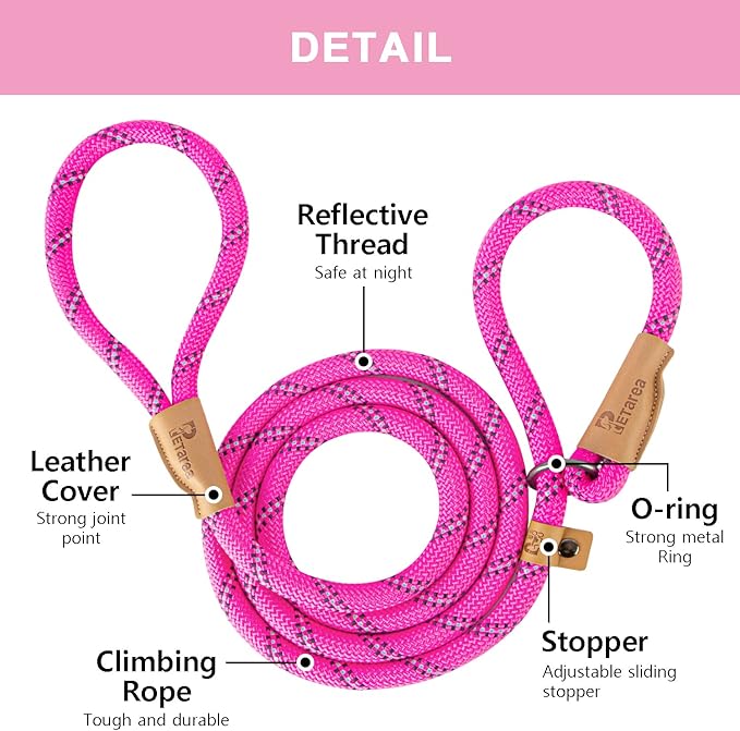 5 FT Slip Lead Dog Leash, Heavy Duty Rope Leash for Small Medium Large Dogs, No Pull Training Lead with Reflective Thread, Strong Comfortable Loop Leash (Pink Stripe, Medium(3/8"))