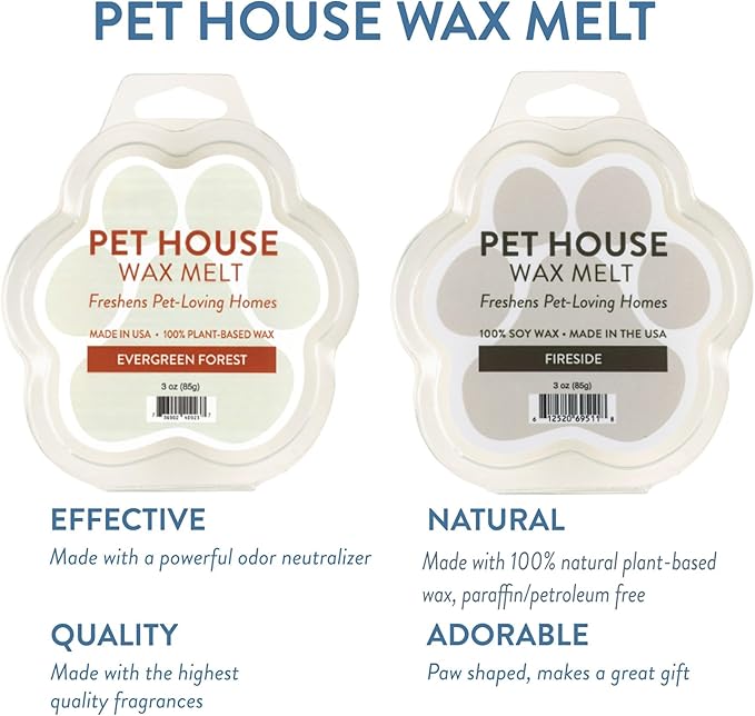 One Fur All Pet House Scented Wax Melts, Natural, Plant Based Soy Wax Melts for Pet Odor, Long Lasting Winter Fragrances for Fresh Smelling Homes, Evergreen Forest and Fireside, Pack of 2