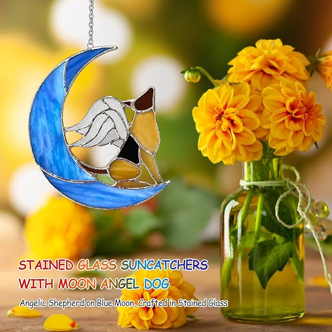 Dog Memorial Gifts for Loss of Dog - Pet Memorial Gifts for Dogs-Angel German Shepherd on Blue Moon Stained Glass Window Hanging, Dogs Passing Away Sympathy and Remembrance Comforting Pet Loss Gifts