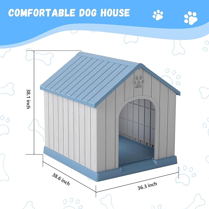 DRATO Indoor & Outdoor Dog Houses, Resin Material Dog House with Waterproof Roof and Raised Floor Design.(Blue)