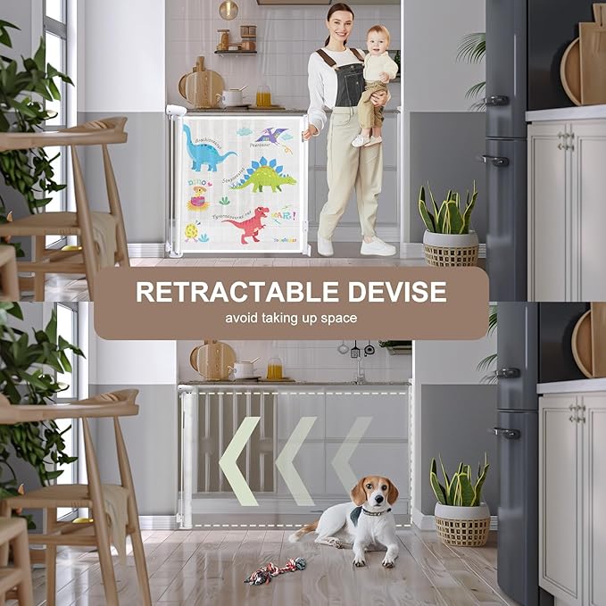 Retractable Baby Gate Kid Safety 34" Tall x 55” Wide, Mesh, for Stairs, Doorways, Dogs, Pets, Indoor, Outdoor, One-Handed Operation, Locking, Easy Install, Hardware Mount, Dinosaurs