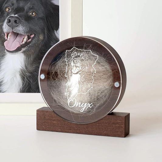 Personalized Pet Hair Keepsake Box for Dog and Cat Fur - Engraved Wood Memorial Box - Unique Customized Gift for Loss of Furry Friend Wooden (Dark Round Wood/Acrylic Lid, With Photo)