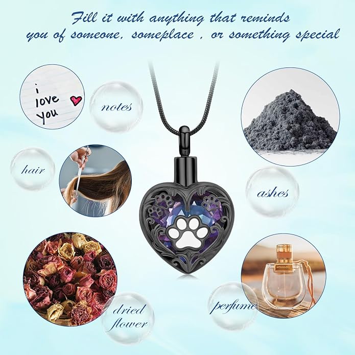 Heart Urn Necklace For Ashes Birthstone Pet Memorial Jewelry Dog Paw Print Cremation Pendant Stainless Steel Keepsake Gift For Pet Lovers