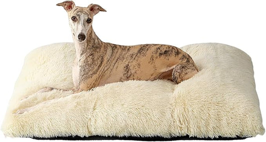 EHEYCIGA Fluffy Dog Crate Bed for Large Dogs, Plush Faux Fur Crate Pad, Calming Anti Anxiety Large Dog Bed, Washable Soft Warm Mat with Non-Slip Bottom, Ivory Beige