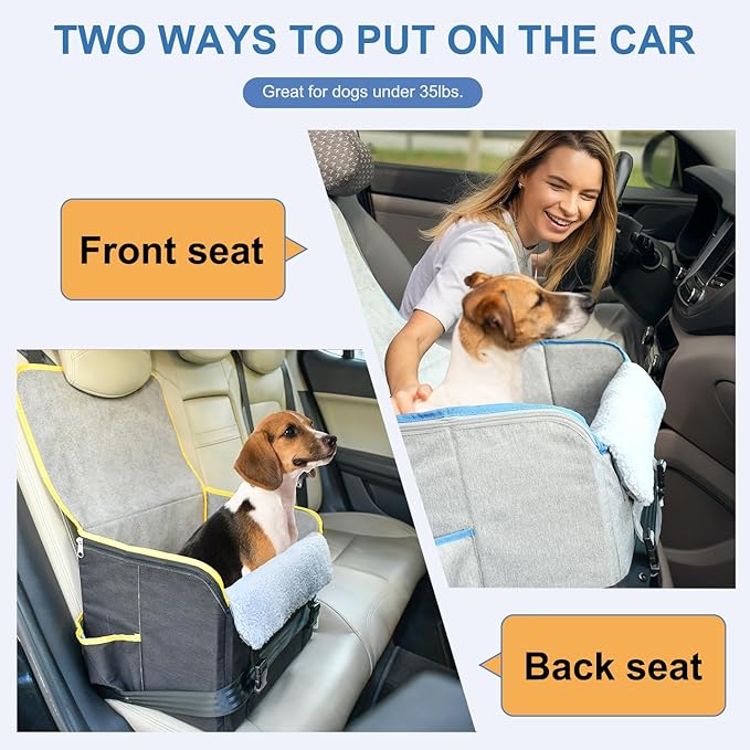 JESPET & GOOPAWS Dog Car Seat, Portable Dog Car Travel Bed with Clip-On Safety Leash, Briefcase Shape Waterproof Dog Booster Car Seat, Suitable for Pets Up to 25lbs