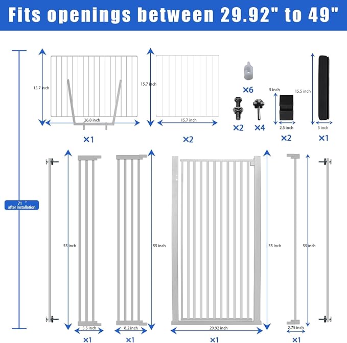 71 inch Extra Tall Gate Pet Gate,29.92"-49" Extra Wide Pressure Mounted,Cat Gates for Stairs, Kitchen,Doorways (White)