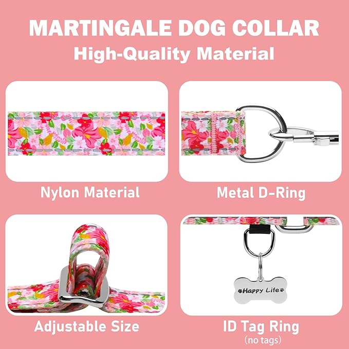 Reflective Martingale Collar for Dogs Nylon Training Collar with No Buckle Cute Floral No Pull Dog Collar for Medium Dogs（Pink Flower，M）
