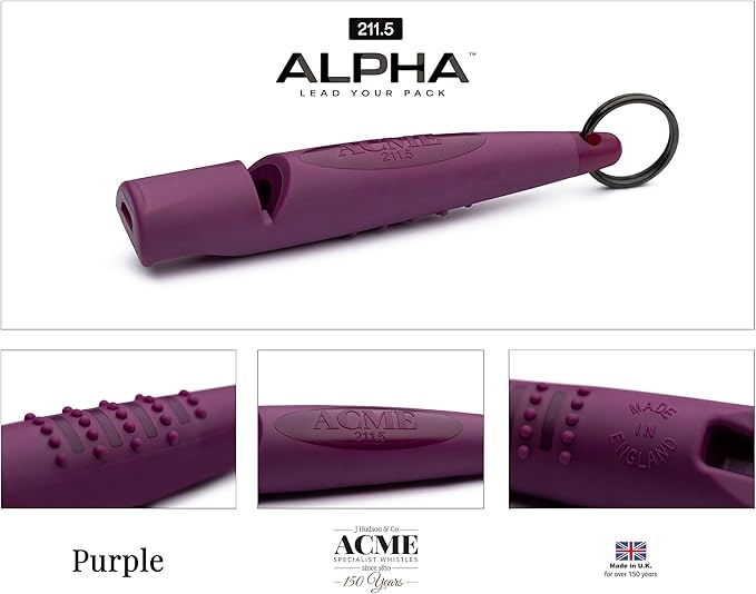 Genuine ACME genuine no. 211 Alpha professional dog training whistle with enhanced ergonomic grip. BPA-free plastic. 110 dBA long range. Made in the UK (Purple)