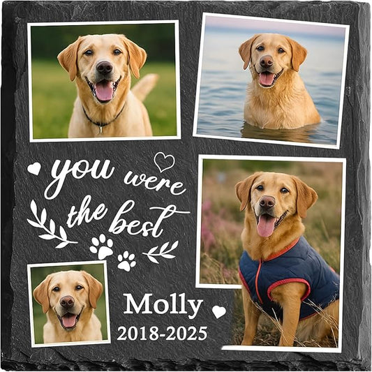 Custom Pet Memorial Stone - Dog Memorial Stone for Loss of Pet - Personalized Pet Headstone with Multiple Photo - Outdoor Garden Indoor Dog Cat Loss Bereavement Gift for Pet Lovers (02)