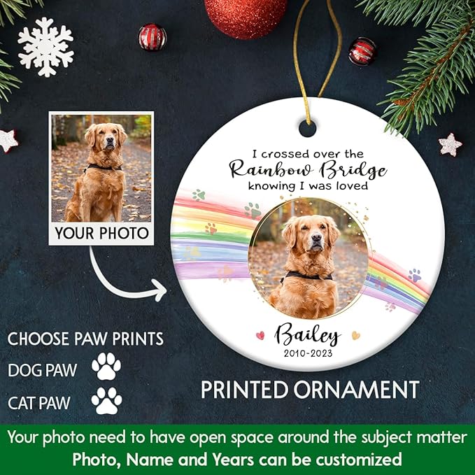 Rainbow Bridge Pet Memorial Ornament - Ceramic Keepsake to Hang on Christmas Tree - Honor & Remember Your Beloved Pet’s Memory