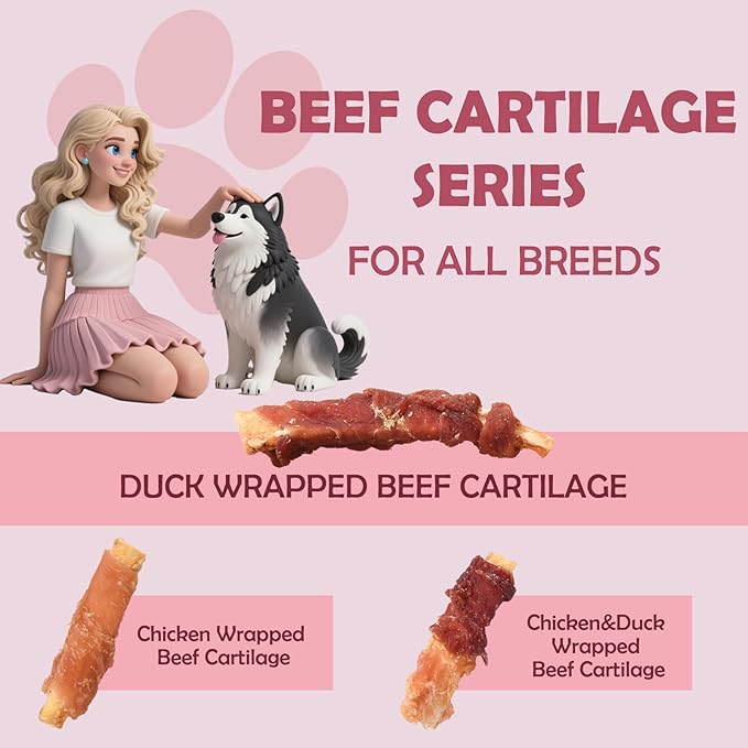 ASMPET 10.6oz Dog Treats Bones, Duck Wrapped Beef Cartilage, Rawhide Free & Grain Free Dog Snacks