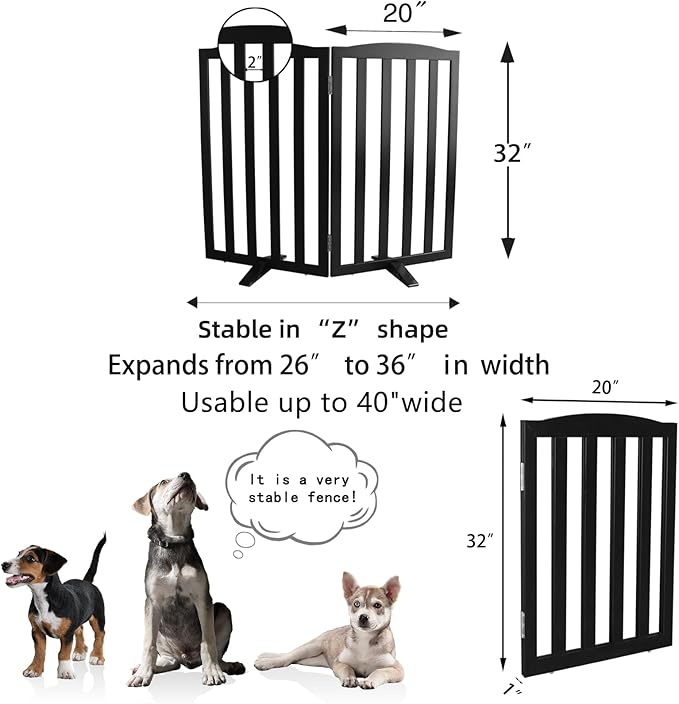 Freestanding Dog Gate Indoor,Doggie Gate Foldable Pet Gates for Doorways,Stairs or Hallways, Wooden Black Pet Gate for the House, Pet Fence with Support Feet Included,32 "Height-2 Panels