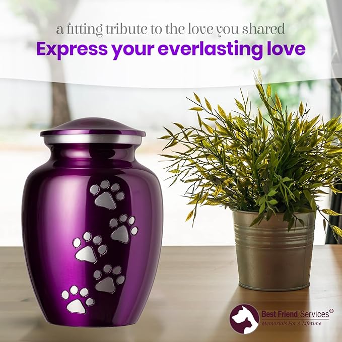 Ottillie Paws Legacy Series Pet Urn for Dogs, Handmade Aluminum Memorial Cremation Urn (X-Large - Pets up to 170 lbs, Deep Violet, Vertical Pewter Paws)