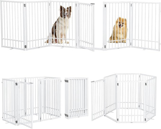 Metal Freestanding Dog Gate with Door, Extra Wide 121", 31" Height Foldable for Doorways, Tall Fence Indoor Outdoor Pet Barrier for Stairs Hallways, 6 Panels, White