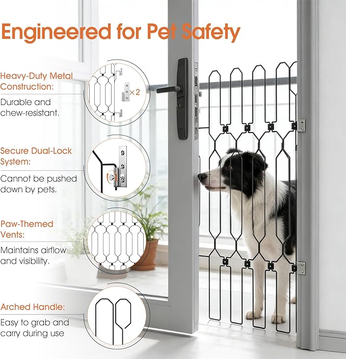 Metal Retractable Dog Gate for Front Door, Adjustable Pet Barrier for Doorways, Easy to Open Door Blocker for Dogs and Cats, Space Saving Design for Apartments RVs Indoor Outdoor