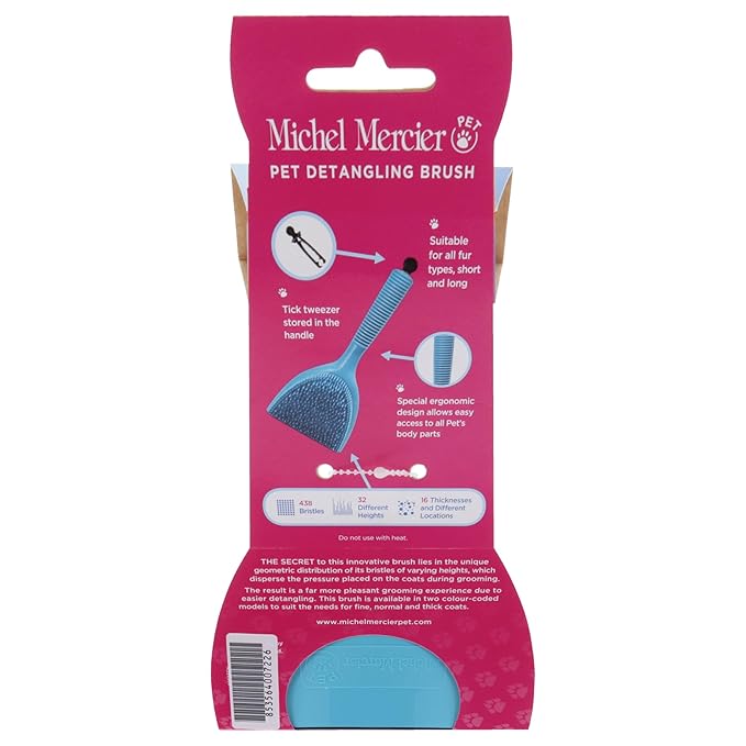 Michel Mercier Pet Detangling Brush - Thick Coat Dog & Cat Brush for Shedding & Grooming, Long/Short Haired Pets, Free Tick Remover Tool Included