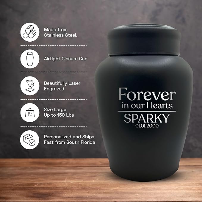 Personalized Custom Dog Urn Engraved Dog Name and Date - Stainless Steel Cremation Urn for Large Dogs Ashes with Airtight Closure | up to 150 lbs Capacity | Forever in Our Hearts