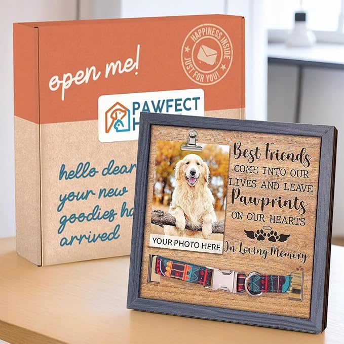 Pawfect House 9x9 IN Natural Wood Pet Memorial Picture Frame, Dog Memorial Gifts For Dog, Best Friends Come Into Our Lives, Dogs Passing Away Gifts, Pet Loss Sign, Sympathy Keepsake