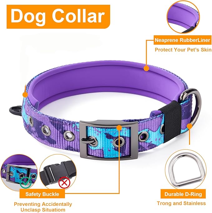 Annchwool Adjustable Dog Collar and 5 FT Leash Set with Heavy Duty Metal Buckle–Comfortable Lining Collar & Dual-Handles for Medium Large Dogs Walking,Car Travel(Camo Purple Set,L:17''-23'')