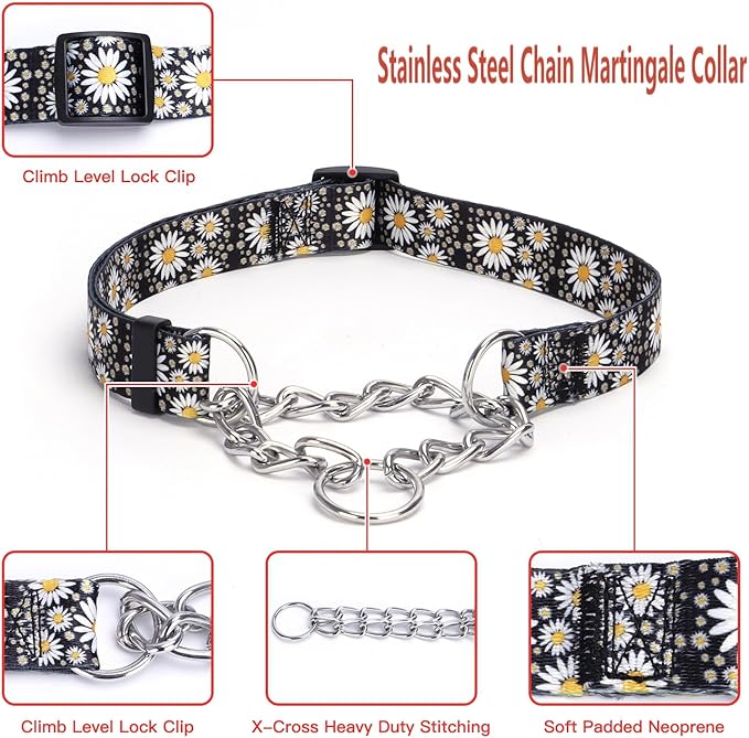 Martingale Dog Collar with Stainless Steel Chain - Limited Chain Cinch Training Collar for No Pull Training Dog - Flower Multicolor Cute Patterns - Premium No Slip Collar (L, Pink Set)