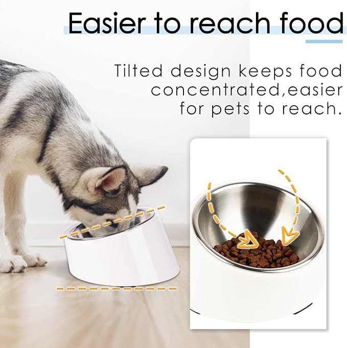 SuperDesign Mess Free 15° Slanted Bowl for Dogs and Cats, Tilted Angle Bulldog Bowl Dog Feeder, Non-Skid & Non-Spill, Easier to Reach Food M/1 Cup White