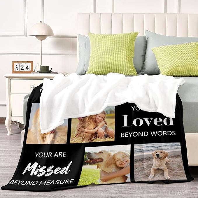 Custom Throw Mermorial Blanket with Dog Cat Pet Pictures & Name, Dog Memorial Blanket Personalized Memory Gift for Family and Friends Customized Bed Throw Blanket Sympathy Remembrance Made in USA
