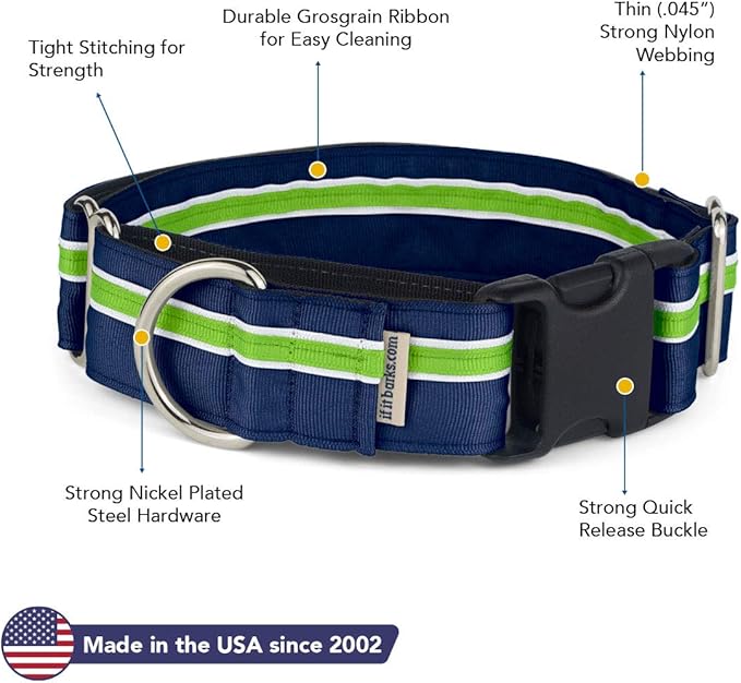 If It Barks - 1.5" Martingale Collar for Dogs - Quick Snap Release Buckle - Adjustable - Nylon - Strong and Comfy - Ideal for Training - Made in USA - Large, Finley