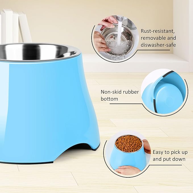 Dog Bowls,Cone Friendly Non Slip Single Dog Bowl with Stainless Steel Inner, Raised Bowls for Small and Medium Dogs Spaniel Dogs Long Ear, High Capacity, L/3 Cups Aqua Blue