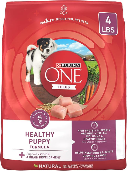 Purina ONE Plus Healthy Puppy Formula High Protein Natural Dry Puppy Food with added vitamins, minerals and nutrients - (Pack of 4) 4 lb. Bags