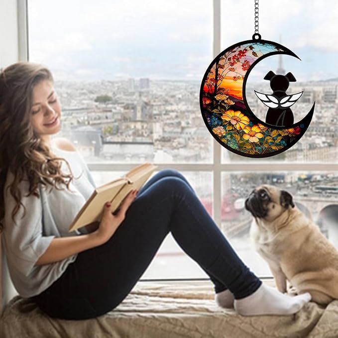 Dog Memorial Gifts for Loss of Dog Suncatcher, Black Angel Dog on Sunset Moon Dog Beverage Acrylic Ornaments Decor Window Wall Sympathy Gift for Dog Lover