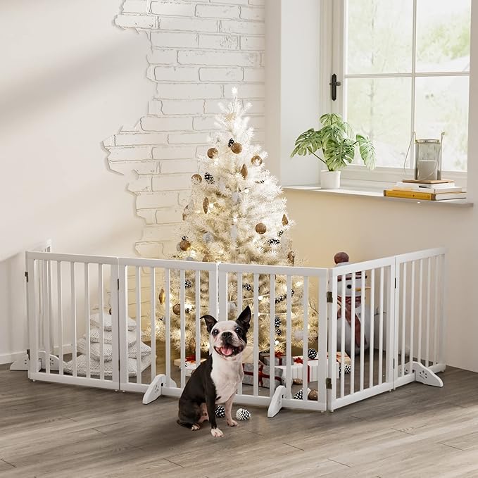 Semiocthome Wooden Dog Gates for The House 24"H Expandable Doggy Gates for Doorways 55"W Free Standing Pet Gate with 2 Support Feet for Stairs 3 Panels Dog Barriers for Home No Installation Resquired
