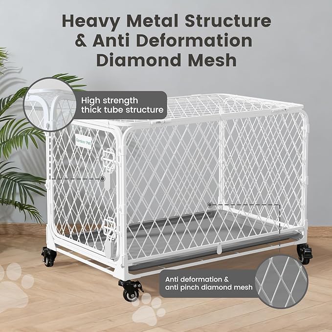 36 Inch Collapsible Dog Crate with Diamond Mesh, No-Tool Assembly Foldable Dog Kennel with 4 Lockable Wheels,Removable Tray,Portable Dog Cage for Medium/Large Dogs, Space-Saving, Indoor Outdoor Use