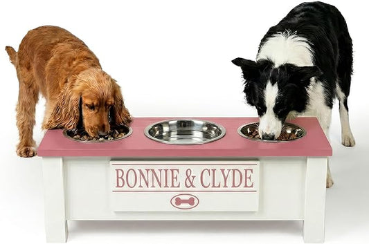 GTW Elevated 3 Bowl Dog Feeding Station - Customized Triple Stand for Medium Size Dog Breeds - Includes Storage & Stainless Steel Bowls (Medium, Pink)